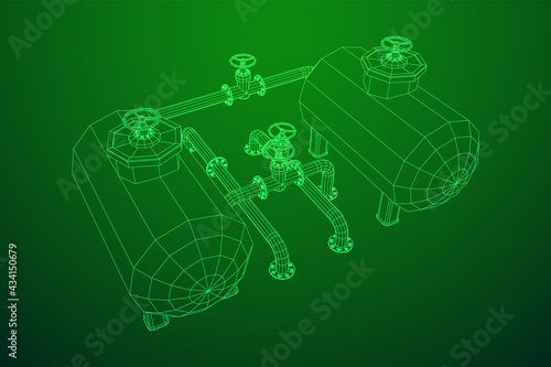 Oil tank storage of flammable materials and pipeline with valve. Finance economy polygonal petrol production. Petroleum fuel industry transportation line. Wireframe low poly mesh vector illustration.