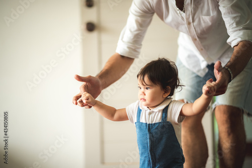 family of child baby and father, man parent raising and playing with son, home, adult father and a little boy person are happy at home, cheerful childhood lifestyle together