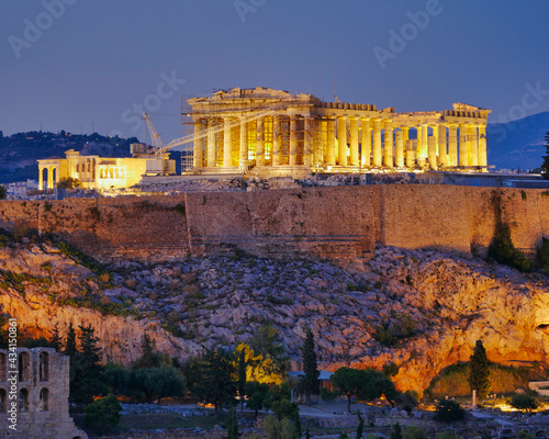 night in Athens Greece, Parthenon ancient temple on Acropolis hill scenic view