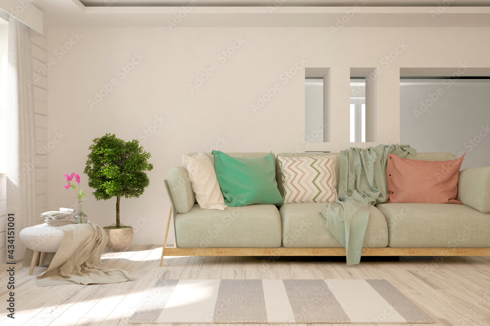 Fototapeta premium Living room interior wall mockup with green mint sofa and wooden chair. Scandinavian interior design. 3D illustration