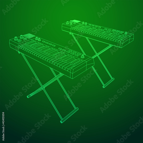 Piano roll analog synthesizer faders buttons knobs. Wireframe low poly mesh vector illustration.
