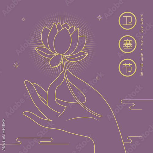 Happy Vesak Day or Buddha Purnima. Hand of buddha holding lotus flower in line art style. (translation: Wesak day)