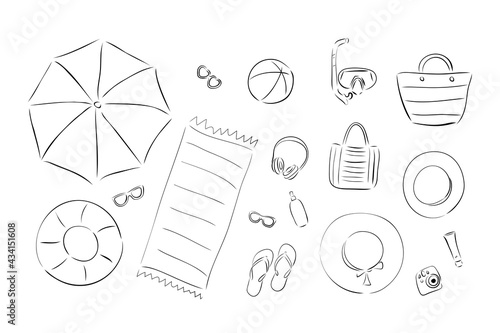 Summer beach vacation Vector illustration. Set for a beach holiday in a flat design: glasses, hats, towel, masks, sun protection, cream, inflatable toys, ball, shoes and accessories.