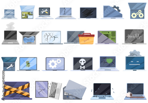 Laptop repair icons set. Cartoon set of laptop repair vector icons for web design
