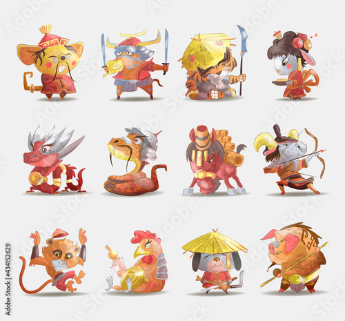 Chinese zodiac animals cartoon set of rabbit dog monkey pig tiger horse dragon goat snake rooster ox rat isolated cartoon hand drawn vector illustration