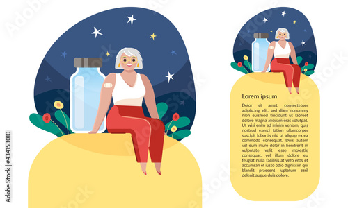 Personne âgée, femme, senior, assise à côté d'un flacon de vaccin contre la grippe covid, illustration médicale informative pour magazine ou prospectus
