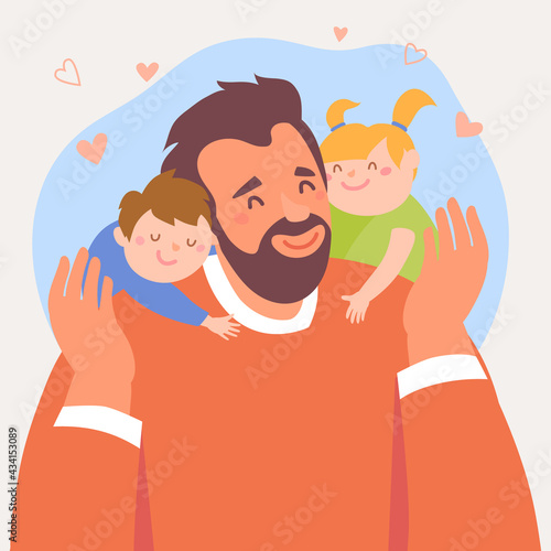 Happy Father's Day. Dad with his daughter and son in his arms. Greeting card for the holiday.