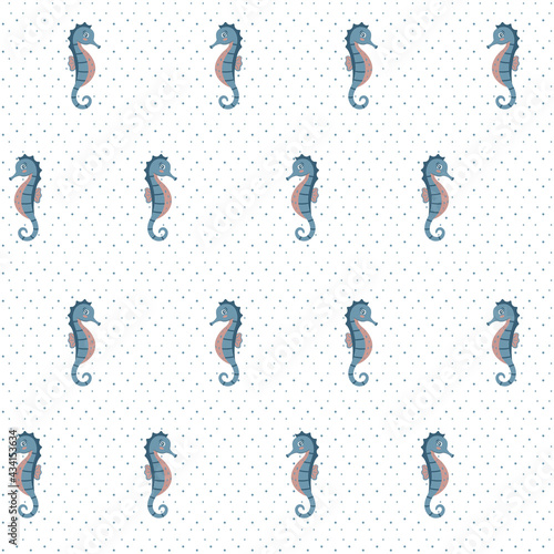 Seamless seahorse pattern on white background. Color vector illustration for fabrics, wrappers.