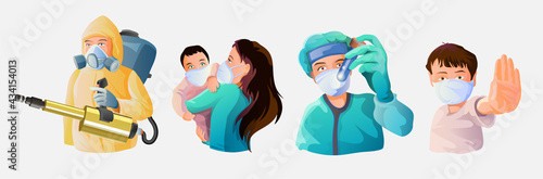 A collection of people during the epidemic. A doctor in a medical bandage, child with a stop gesture, young mother with a child in bandages, disinfector man in a chemical suit