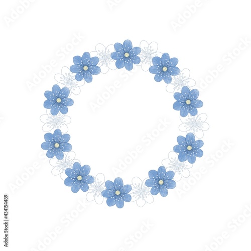 Blue floral wreath illustration. Snowdrops round frame