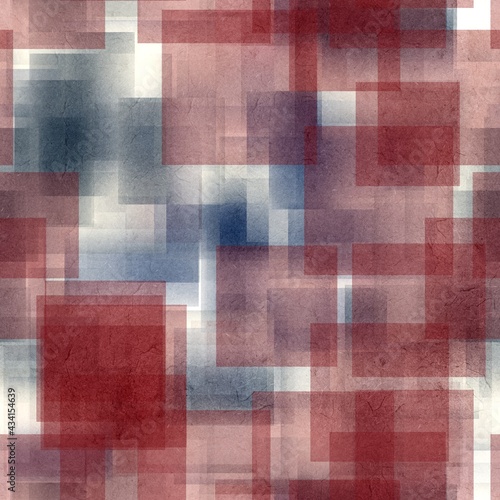 Seamless overlaid geometric shape pattern print. High quality illustration. Transparent rectangles filled with gradient colors scattered. Handmade paper texture overlay.