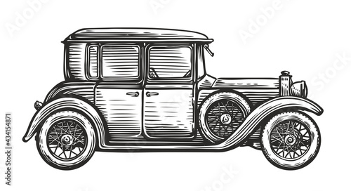 Retro car vector illustration. Vintage vehicle in sketch style