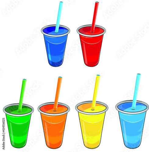 Six different slurpeee type drinks in plastic cups with straws.
