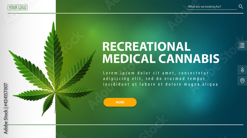 Green banner for website with offer, button, cannabis leaf and interface elements of website.