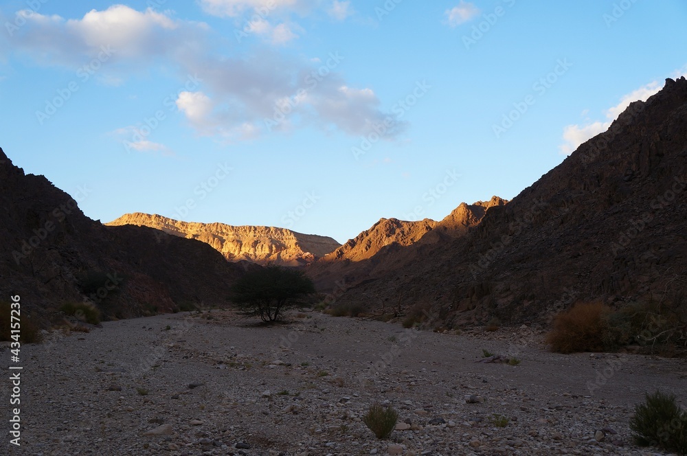 Hiking in mountains near Eilat, Israel, twilight time