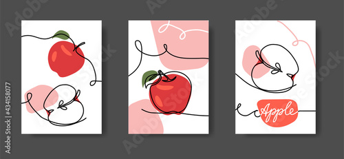 Apple fruits, wall line art decor. Set of vector illustrations, one continuous line decoration of red apples for kitchen or cafe