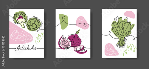 Vegetables wall line art decor. Green salad leaf, spinach, onion, artichoke. Set of vector illustrations, one continuous line decoration of vegetables for kitchen or cafe