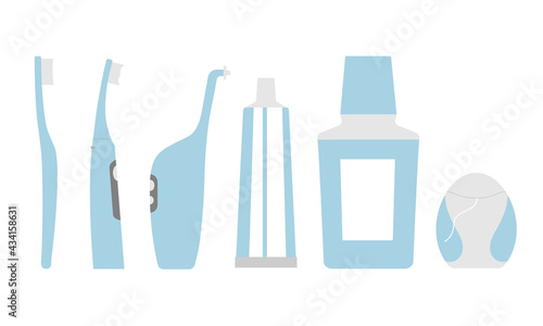 Set of dental cleaning tools. Toothpaste, toothbrush, mouthwash, water flosser and dental floss.