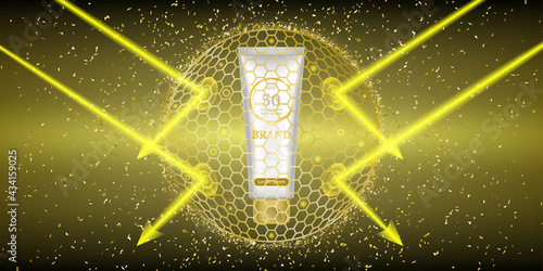 Tube packaging sunscreen advertise for marketing with gold glitter. Shield protect skin from UV. UV sunblock product design.