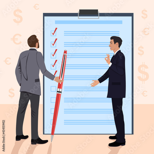 Businessmen fill in the fields of the document.