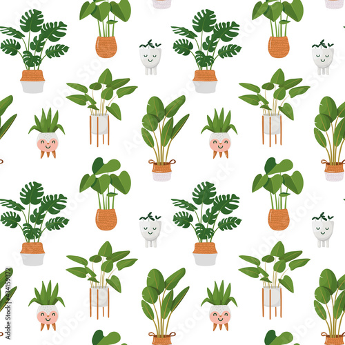 a pattern with indoor plants in pots. kawaii flower pots. vector illustration in cartoon style. © Bulgakova Kristina