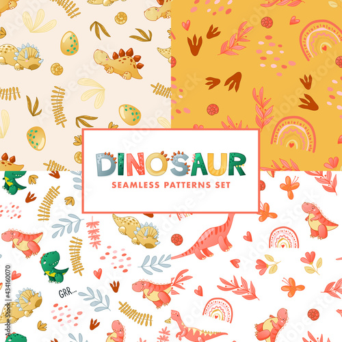 Seamless cute dinosaur pattern. Colorful dino background for kids. Childish vector design for textile and packaging  nursery wallpaper