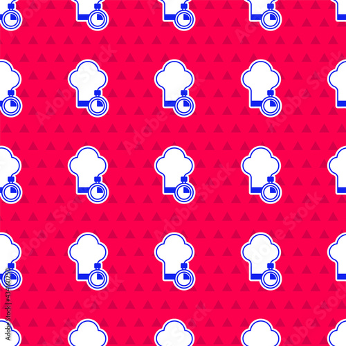 Blue Chef hat icon isolated seamless pattern on red background. Cooking symbol. Cooks hat. Vector