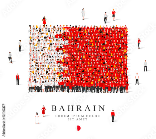 A large group of people are standing in white and red robes, symbolizing the flag of Bahrain.