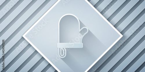 Paper cut Oven glove icon isolated on grey background. Kitchen potholder sign. Cooking glove. Paper art style. Vector