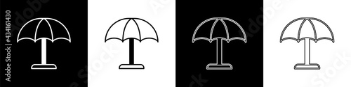 Set Sun protective umbrella for beach icon isolated on black and white background. Large parasol for outdoor space. Beach umbrella. Vector