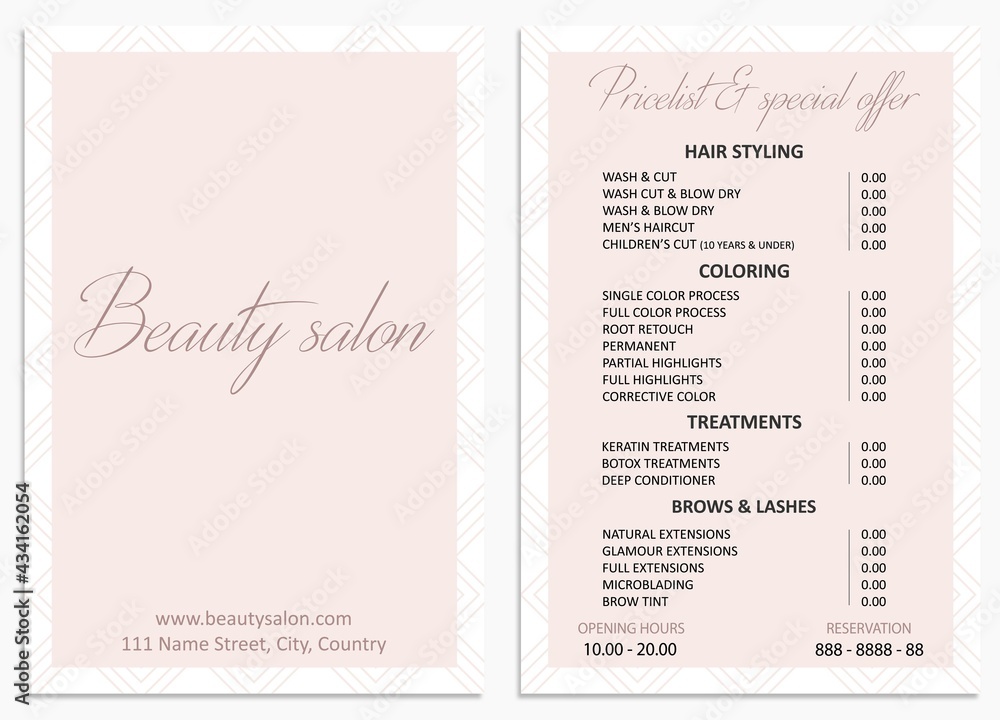 Illustration sticker business card for beauty salon with web site pricelist and special offer adress opening hours and phone number for reservation
