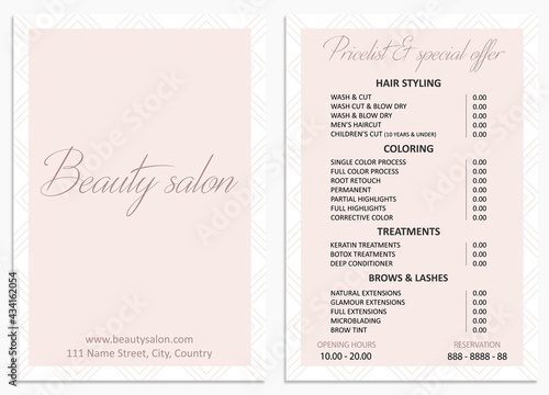 Illustration sticker business card for beauty salon with web site pricelist and special offer adress opening hours and phone number for reservation
 photo
