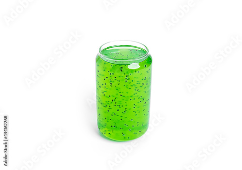 Kiwi drink with basil seeds isolated on white background. Green kiwi smoothie.