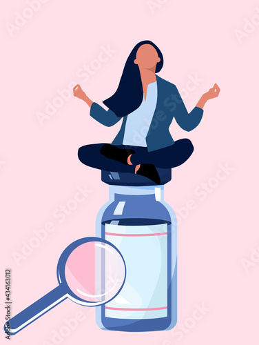 Woman sitting and meditating on big pill vial.Vitamin complex and healthcare.Keep calm and drink sedative tablets.Antidepressants and millennial problems.Influence of anti-anxiety meds.Zoom effect