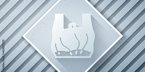 Paper cut Say no to plastic bags poster icon isolated on grey background. Disposable cellophane and polythene package prohibition sign. Paper art style. Vector