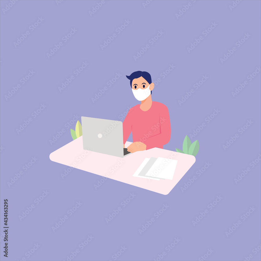 Working at home, coworking space, concept illustration. Young people, man freelancers working on laptops and computers at home.

