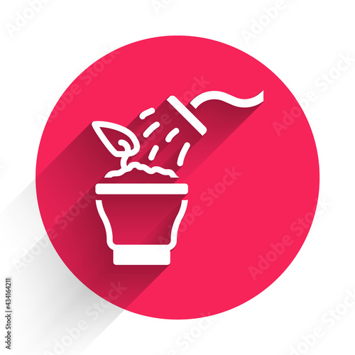 White Spraying a house plant with a spray gun icon isolated with long shadow. Moistening of foliage. Care for home flowers. Red circle button. Vector