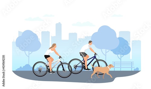 Young man and woman with dog ride a bike in a city park. Vector illustration