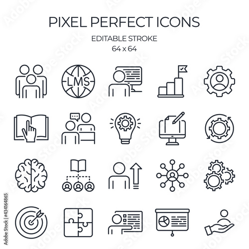 LMS learning management system concept editable stroke outline icons set isolated on white background flat vector illustration. Pixel perfect. 64 x 64.