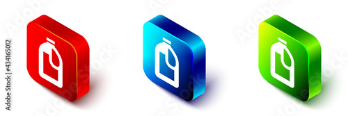 Isometric Plastic bottle for laundry detergent, bleach, dishwashing liquid or another cleaning agent icon isolated on white background. Red, blue and green square button. Vector