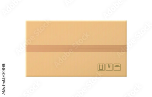 Realistic closed cardboard box. Top view. Brown delivery packaging box. Warehouse goods and cargo transportation. Sealed box for post transport, warehouse, storage. Mockup vector illustration