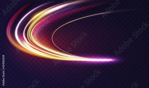Car light trail effect, motion long exposure at night vector illustration. Glow of bright lines of transport vehicle drive on road highway, traffic automobile lights on dark transparent background