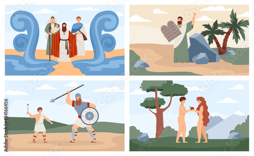 Set of vector posters with characters of story christian holy bible.