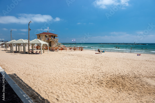 Fototapeta Naklejka Na Ścianę i Meble -  Tel Aviv, Israel - 16.05.2021 -  The beach at Tel Aviv stretches for miles along the whole western edge of the city.