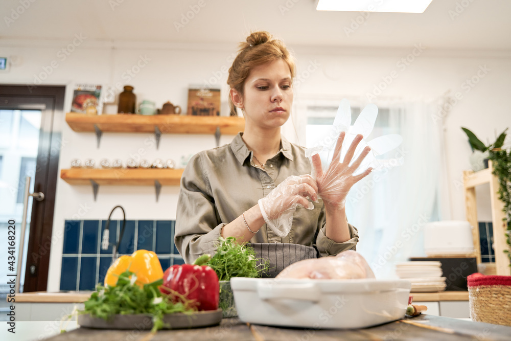 Female putting on transparent gloves and looking down against fresh peppers with herbs and raw chicken in baking pan at home Female putting on transparent gloves and looking down against fresh peppers with herbs and raw chicken in baking pan at home