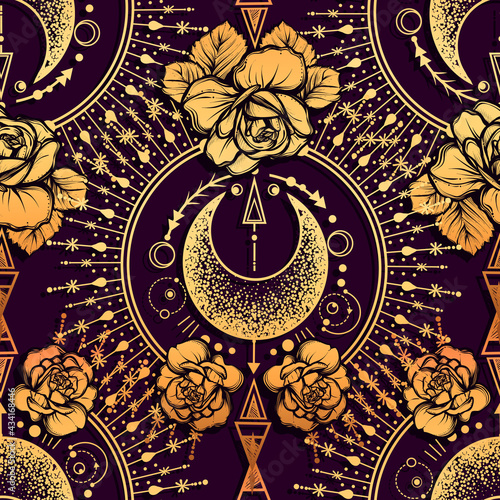 Vector illustration, astronomical geometry, moon, stars, roses, print on t-shirt, Handmade, seamless pattern, purple background