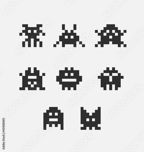 8 bit pixel black arcade game alien invader. Superhero pixel space monster geek game