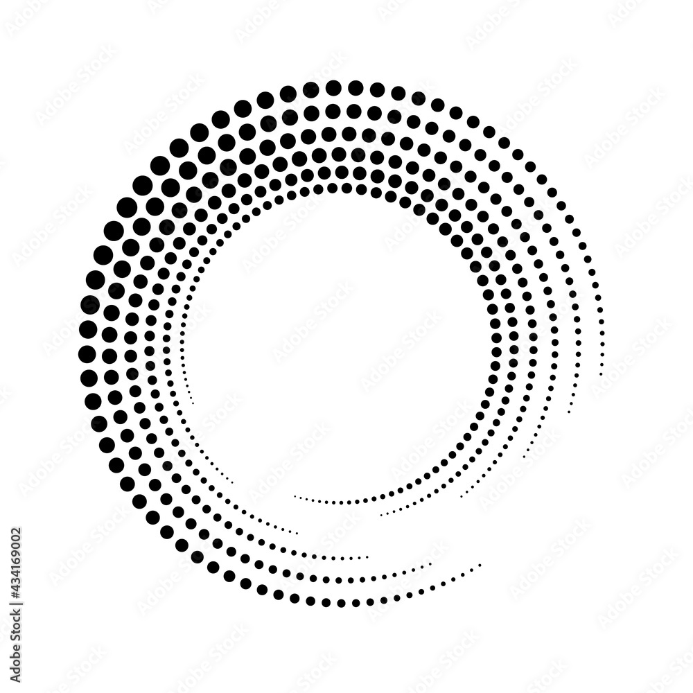 Circle spiral. Rotate dot frame. Futuristic ring with effect halftone. Border ripple. Modern abstract faded circle. Semitone dots. Arc shape spin round. Circular radial boarder. Swirl patern. Vector 