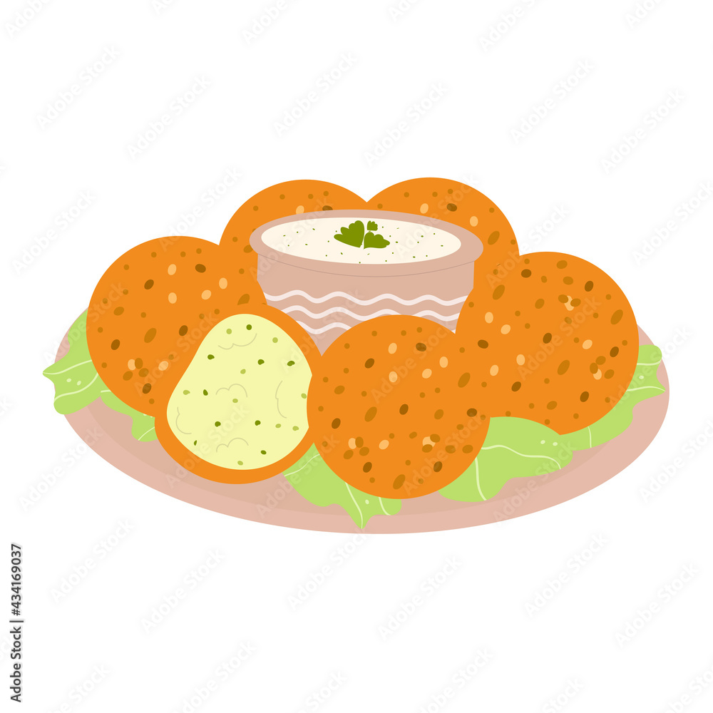 Falafel on a plate with yogurt sauce isolated on white background. Vector food illustration. Healthy vegetarian fast food. Falafel on a plate with yogurt sauce isolated on white background. Vector food illustration. Healthy vegetarian fast food.