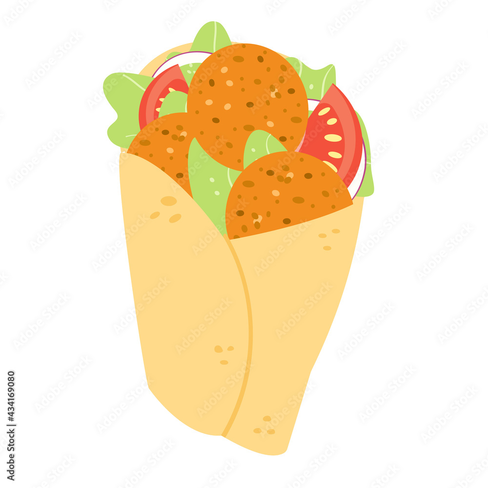 Vector pita with falafel isolated on white background. Vegetable roll. Healthy vegetarian food. Vector pita with falafel isolated on white background. Vegetable roll. Healthy vegetarian food.